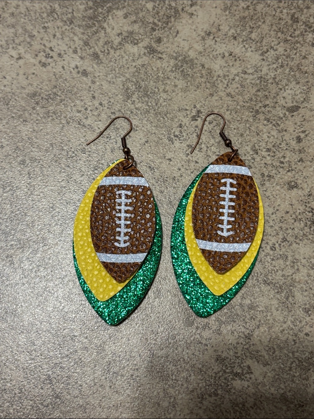 Green and Yellow Faux Leather Football Dangle Earrings